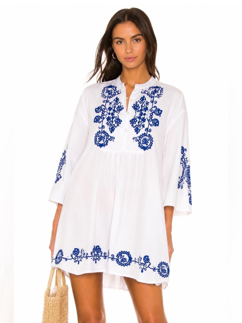 Zara White Dress with Blue Floral Embroidery